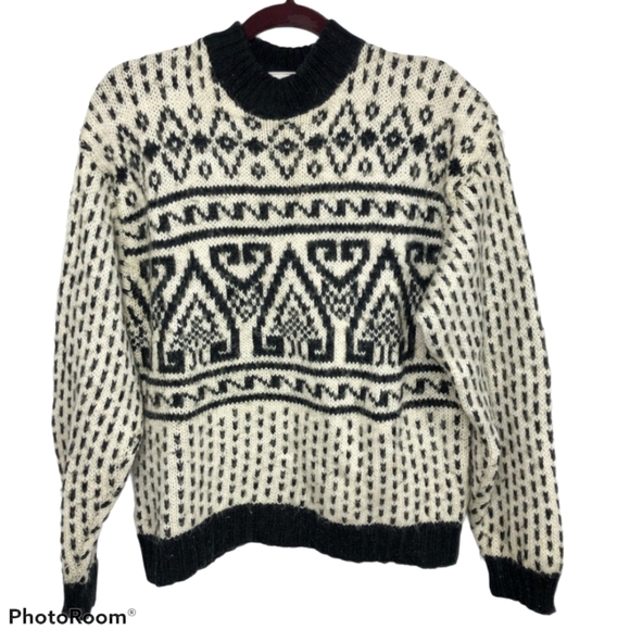 Vintage Sweater Red Sky Chunky Wool Blend Cream Black Pattern Heavy Knit Large - Picture 2 of 11